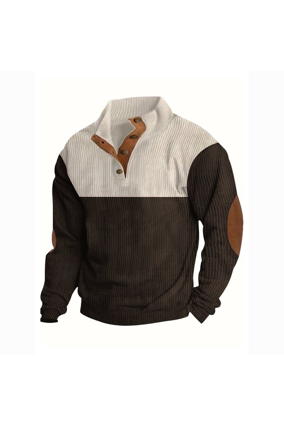 Mens Corduroy Sweatshirt Casual Stand Collar Quarter Fall Button Pullover Sweaters Long Sleeve with Pockets,Brown L