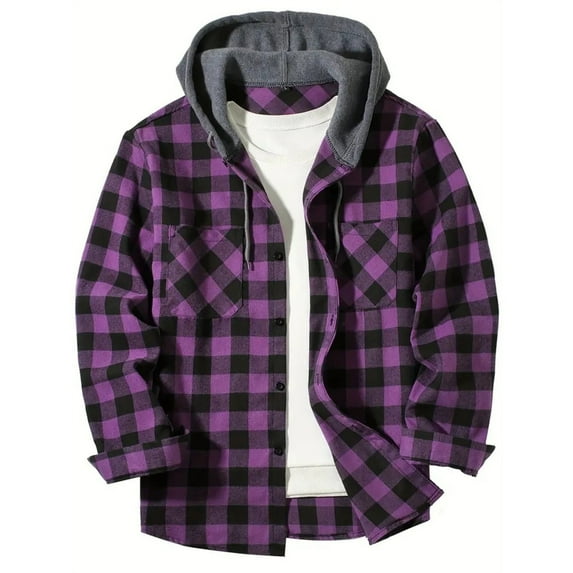 Homeyce Mens Flannel Hooded Shirt Long Sleeve Plaid Shirts Button Down Hooded Shirt Jacket Casual Fashion Lightweight Shirts with Pocket,Purple XL
