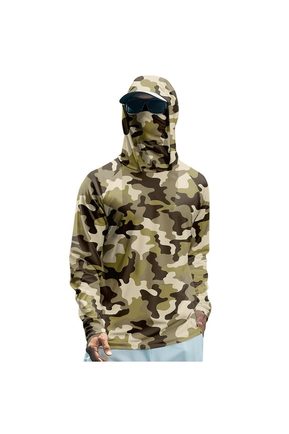 Mens Hooded Sun Shirt Uv Spf Upf 50+ Rash Guard Shirts Long Sleeve Performance Fishing Hiking Shirt Cooling Hoodies with Mask,Khaki S