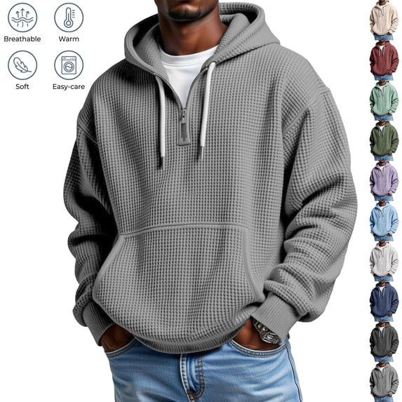 Homeyce Mens Hoodies Pullover Quarter Zip Casaul Long Sleeve Drawstring Waffle Knit Hooded Sweatshirt with Pocket,Blue 3XL