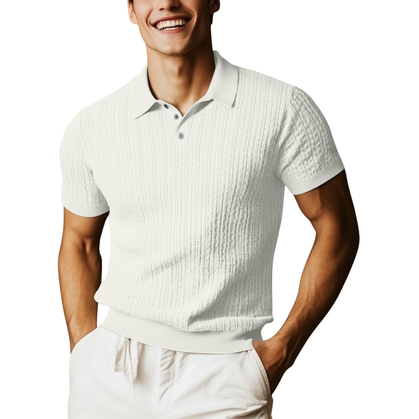 White Knit Cotton Short Sleeves Slim Fit Men's Polo Shirt