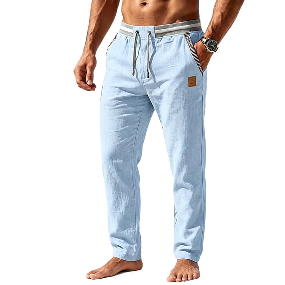 Homeyce Mens Linen Casual Dress Pants Elastic Drawstring Waist Straight-Legs Pants with Pockets Linen Long Pants Loose Fit Summer Beach Lightweight Trousers,Blue 3XL