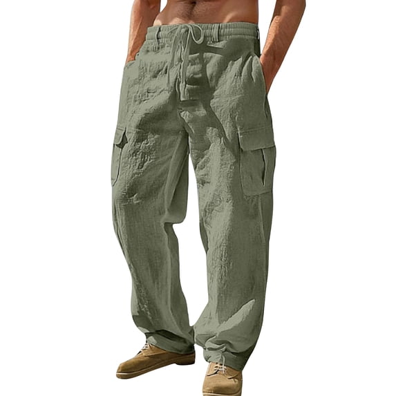 Homeyce Mens Linen Pants Elastic Waist Drawstring Straight Leg Pants with Deep Pockets Linen Cotton Trousers Beach Casual Cotton Summer Lightweight Linen Dress Trousers,Green 3XL