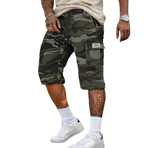 Homeyce Mens Long Cargo Shorts Elastic Waist Long Capri Below the Knee Shorts Multi-Pocket Below Knee Cargo Short Pants Relaxed Fit Work Fishing Hiking Capri Pants,Green S