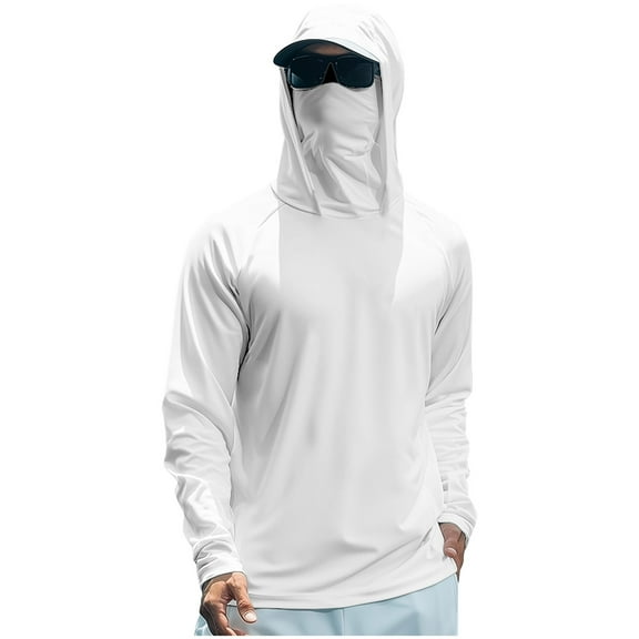 Homeyce Mens Long Sleeve Sun Protection Shirts Upf 50+ Uv Rash Guard Sun Shirts Long Sleeve Performance Fishing Hiking Shirt Cooling Hoodies with Mask,White M