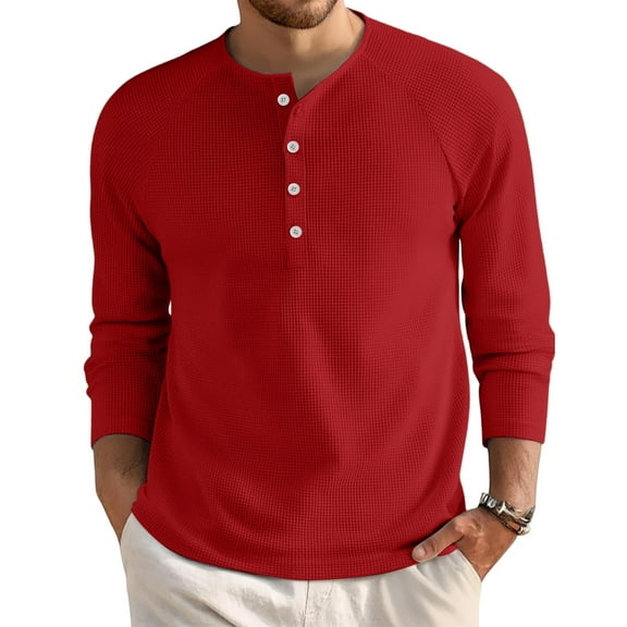 Homeyce Mens Long Sleeve Tee Shirts Solid Color with Button Henley Shirt Vintage Lightweight Stand Collar Tee Tops Big and Tall Pullover Tees Tops,Red M