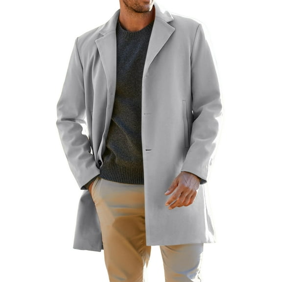 Homeyce Mens Mid Long Trench Coat Wool Blend Single/Double Breasted Pea Coat Notched Collar with Pockets Trench Coat Fall Winter Fashion Plus Size Mid Long Overcoat,Gray 3XL