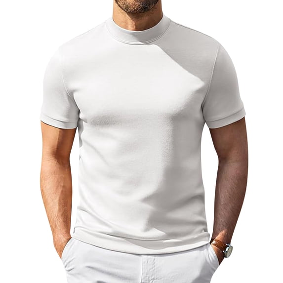 Homeyce Mens Mock Turtleneck Shirts Short Sleeve Casual Basic T-Shirts Ribbed Solid Pullover Tops,White L