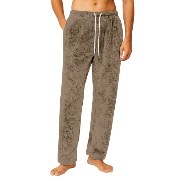 Homeyce Mens Plaid Pajama Pants Flannel Fleece Solid Color Pajama Pants Fluffy Soft Warm Relaxed Fit Sleep Pants with Pockets Stretchy Drawstring Loungewear,Brown M