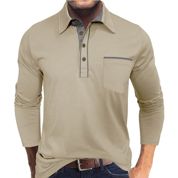 Homeyce Mens Polo Shirts Collared Long Sleeve Polo Shirts Button Down Solid Color Shirt Casual Lightweigt Fashion Work Tee Shirt,Khaki L
