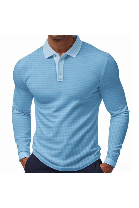 Mens Polo Shirts Long Sleeve Contrast Collared Polo Shirts Button Down Classic Casual Lightweight Shirt Solid Color Tee Shirt,Light Blue M