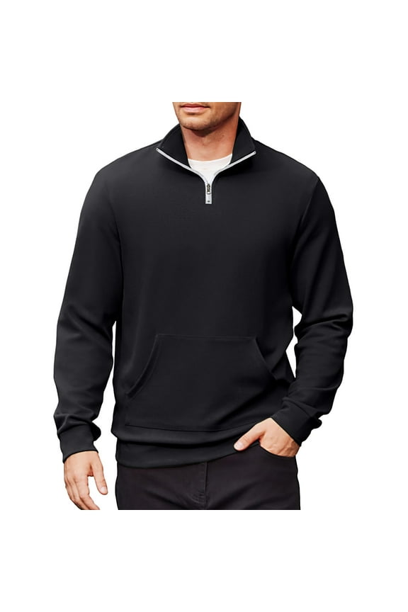 Mens Quarter Zip Pullover Stand Collar Long Sleeve Sweatshirt Lightweight Casual Active Pullover Sweater 1/4 Zip Solid Color Polo Sweater with Pocket,Black S