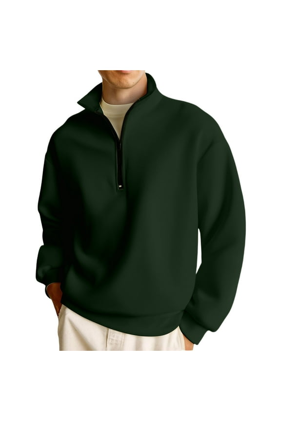Mens Quarter Zip Pullover Stand Collar Long Sleeve Sweatshirts Lightweight Slim Fit Pullover Sweater 1/4 Zip Solid Color Polo Sweater,Army Green M