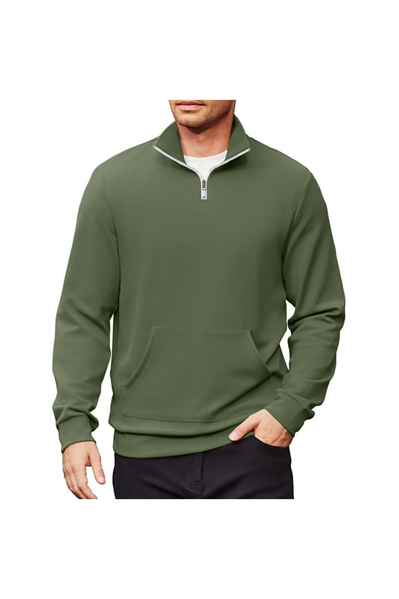 Mens Quarter Zip Pullover Stand Collar Long Sleeve Sweatshirts with Pocket 1/4 Zip Pullover Casual Lightweight Polo Shirt,Army Green XL