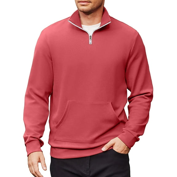 Homeyce Mens Quarter Zip Sweatshirts Mock Neck Long Sleeve Sweatshirts Casual Lightweight Pullover 1/4 Zip Solid Color Polo Shirt with Pockets,Watermelon Red 2XL