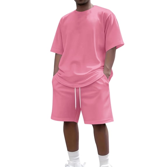 Homeyce Mens Short Sets 2 Piece Outfits Short Sleeve Crewneck Summer T Shirt and Drawstring Casual Track Shorts Set,Pink M