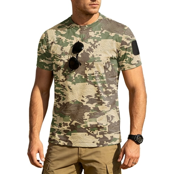 Homeyce Mens Short Sleeve Tee Shirts Camouflage Button Shirts Casual Slim Fit Lightweight Fashion Crew Neck T-Shirts Big and Tall Tee Shirts,Brown L