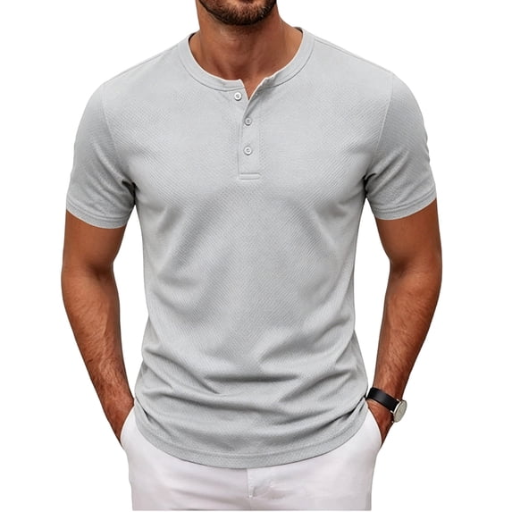 Homeyce Mens Short Sleeve Tee Shirts Solid Color Button Henley Shirt Casual Lightweight Stand Collar T-Shirt Big and Tall Top Shirts,Gray XL