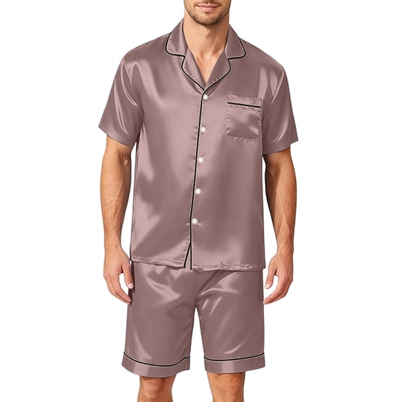 Homeyce Mens Silk Satin Pajamas Set Short Sleeve Sleepwear Button-Down Pjs Sets Two-Pieces Loungewear with Pockets,Brown S