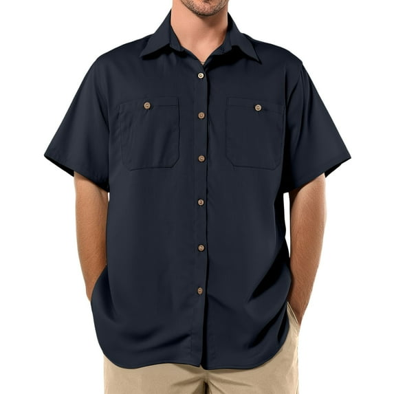 Homeyce Mens Summer Shirts Short Sleeve Button Up Shirt Summer Beach Vacation Hawaiian Shirts with Two Pockets Solid Color Shirt,Blue 2XL