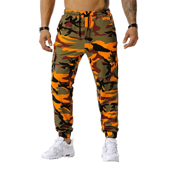 Homeyce Mens Sweatpants Camo Pants Camouflage Drawstring Camo Print Sweatpants with Pockets Straight Leg Cargo Sweats Lounge Pants Athletic Gym Casual Lightweight Sweat Pants,Orange S