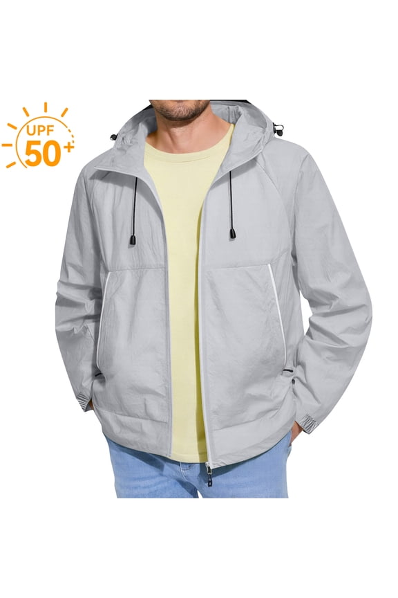 Mens UPF 50+ Sun Protection Hoodie Windbreaker Full Zip Lightweight Jackets Uv Fishing Athletic Running Plus Size Coat Upf 50+ Waterproof Sun Shirts with Pocket,Gray 2XL