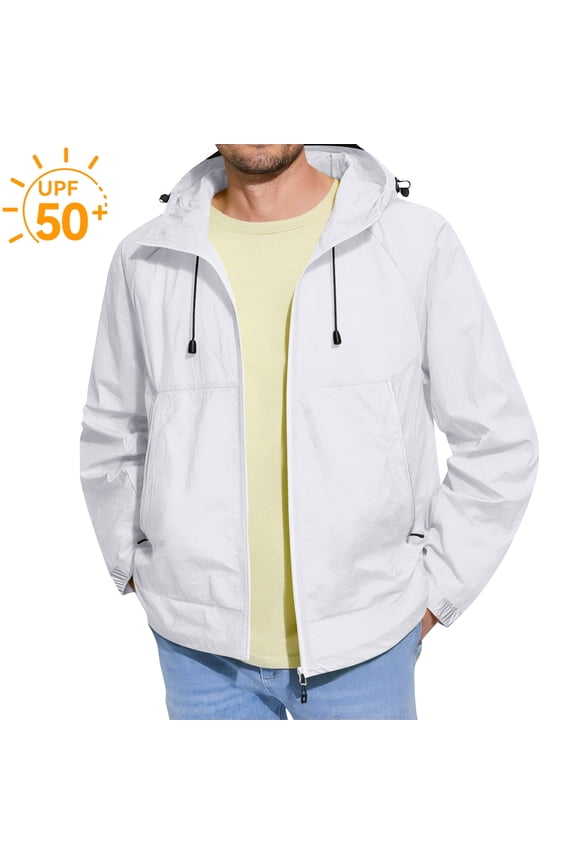 Mens UPF 50+ Sun Protection Jacket Lightweight Full Zip Windbreaker Jackets with Pocket for Outdoor Sport Hiking Coats Upf 50+ Long Sleeve UV Jacket,White XL