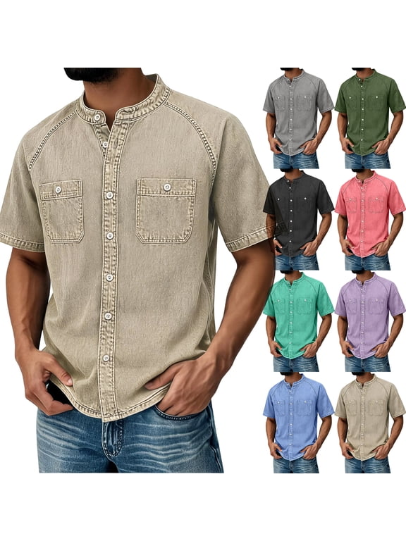 Mens Vintage Western Button Down Shirts Distressed Cowboy Shirt Solid Color Trendy Shirt Jackets,Blue 3XL