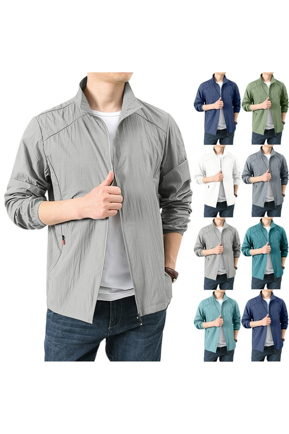Mens Waterproof Sun-Protective Jackets Lightweight Zip Up Windbreaker Jackets with Pocket Outdoor Loose Running Fishing Camping Golf Coat Upf 50+ Long Sleeve Sun Shirts,Gray 3XL