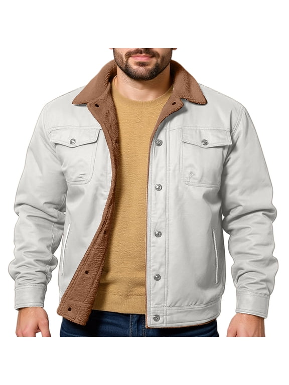 Mens Winter Jacket Long Sleeve Fleece Lined Sherpa Sweater Coat Button Down Turn-Down Collar Jackets Coat with Pockets Winter Outdoor Warm Thick Heavyweight Softshell,Beige XL
