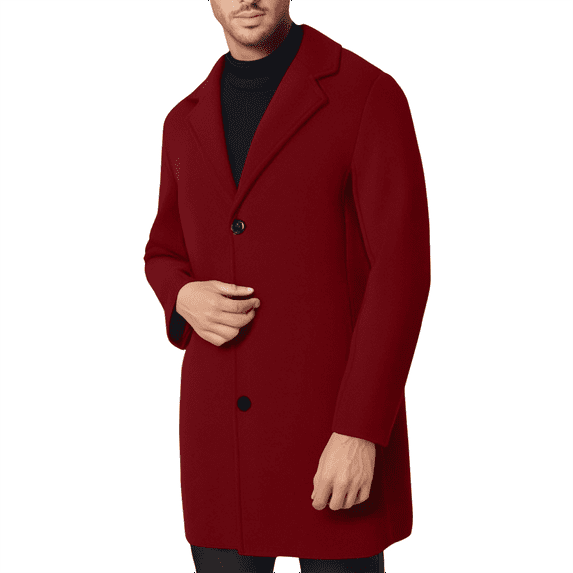 Homeyce Mens Wool Blend Trench Coat Single/Double Breasted Notch Lapel Peacoat Fall Winter Fashion Plus Size Cardigan Jacket with Pockets Wool Blend Mid Long Peacoat,Red 2XL
