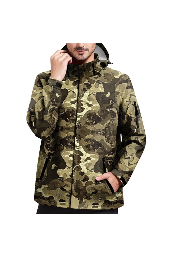 Military Jacket for Men with Hood Windproof & Waterproof Windproof Jacket Big and Tall Lightweight Long Sleeve Raincoat with Pocket Zip Up Camo Softshell for Hiking,Green 3XL