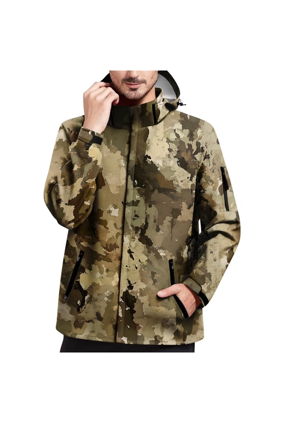 Military Jacket for Men with Pockets Windproof & Waterproof Rain Jacket Long Sleeve Winter Outdoor Lightweight Rain Coat Zip Up Camo Outdoor Hoodies for Hiking,Green 5XL