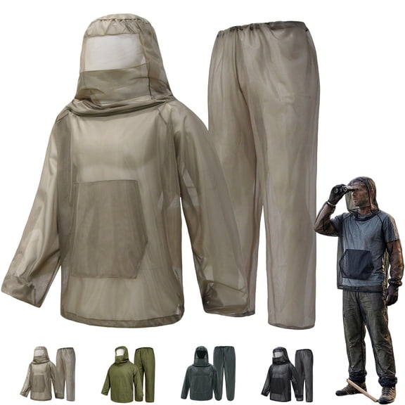 Homeyce Mosquito Suits Mesh Net Bug Hooded Jacket Pant for Men Women Outdoor Full Body Protection Mosquito Proof Clothing,Brown M