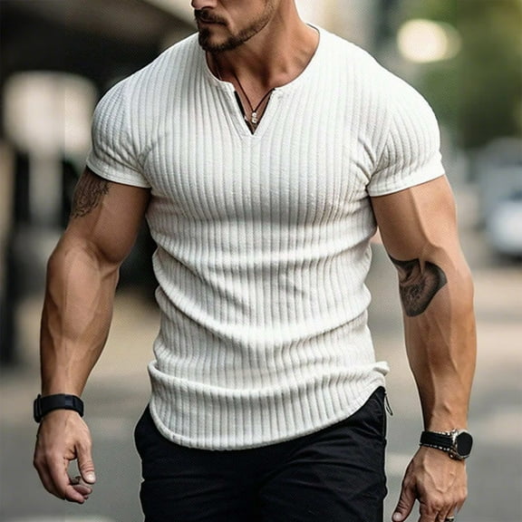 Homeyce Muscle T-Shirts for Men V-Neck Short Sleeve Shirt Slim Fit Workout Longline Gym Athletic T-Shirts Ribbed Solid Color Tops,White M
