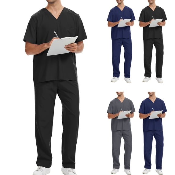 Homeyce Nursing Medical Uniform Scrub Set for Men V-Neck Top with Pockets and Elastic Waist Joggers,Black M