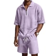 thumbnail image 1 of Homeyce Outfits for Men 2 Piece Set Casual Short Sleeve 1/4 Button Golf Polo Shirts and Waffle Knit Shorts Set with Pockets Summer Vacation Sets,Purple 2XL, 1 of 5