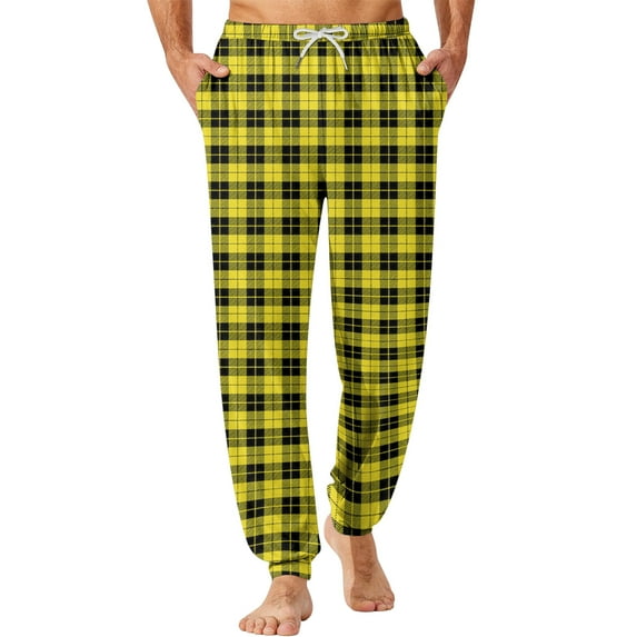 Homeyce Plaid Pajama Pants for Men with Drawstring Elastic Waist Pajama Pants with Pockets Comfy Lightweight Sleep Lounge Pants Baggy Relaxed Fit Plaid Sleep Pj Bottoms,Yellow L