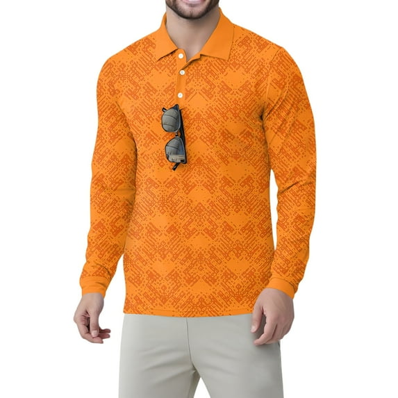 Homeyce Polo Shirts for Men Long Sleeve Collared Shirts Golf Quick Dry Moisture Wicking Lightweight Casual Button Down Polo Tee Shirts Floral Print Quick Dry T-Shirt,Orange XL