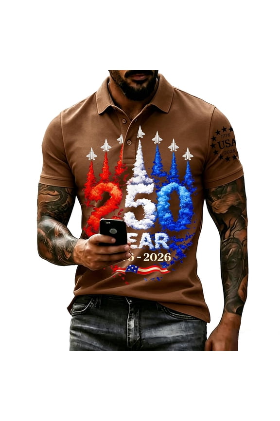 Polo Shirts for Men Us 250th Anniversary American Flag Graphic Golf Shirts Button Down 4th Of July Polo T-Shirts Short Sleeve Independence Day Independence Day Golf Shirts for Men,Brown 2XL