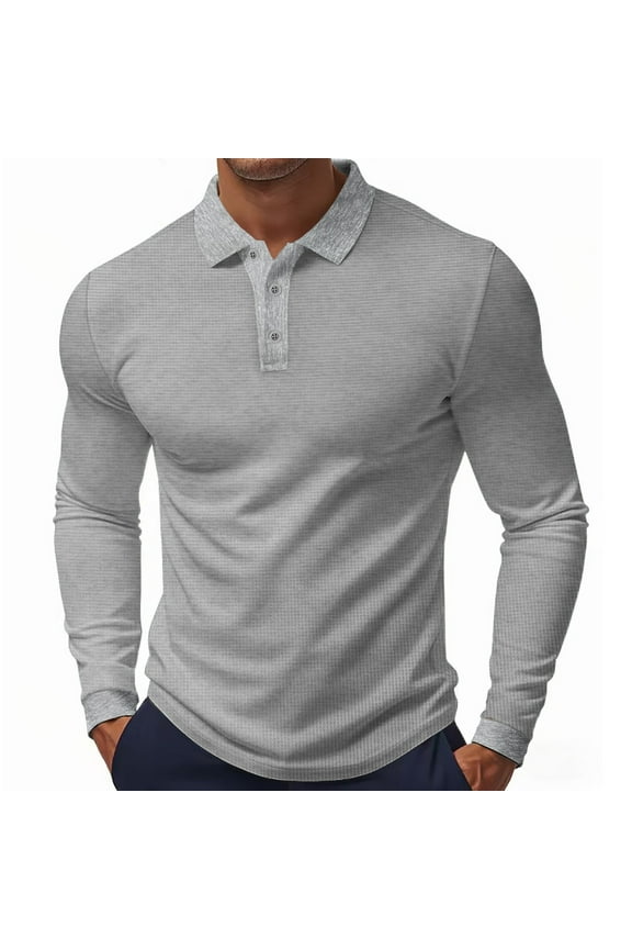 Polo Shirts for Men Collar Long Sleeve Polo Shirts Button Down Solid Color Shirt Casual Basic Lightweight Tee Shirt,Light Gray XL