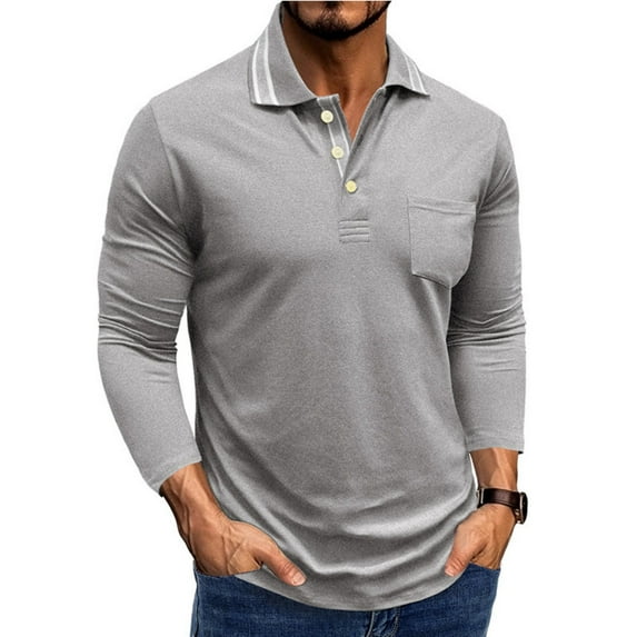 Homeyce Polo Shirts for Men Collar Long Sleeve Shirts Button Down Solid Color Polo Tee Fashionable Business Athletic Casual Golf Shirt,Light Gray M