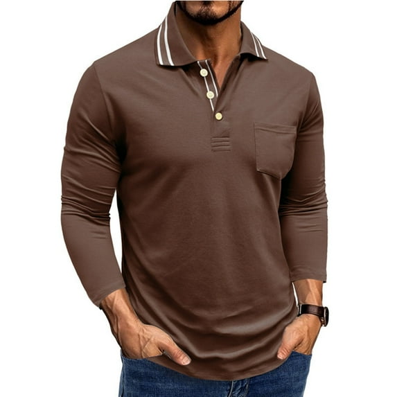 Homeyce Polo Shirts for Men Collar Long Sleeve Shirts Button Solid Color Polo Sweater Casual Lightweigt Fashion Work Golf T Shirt,Coffee L