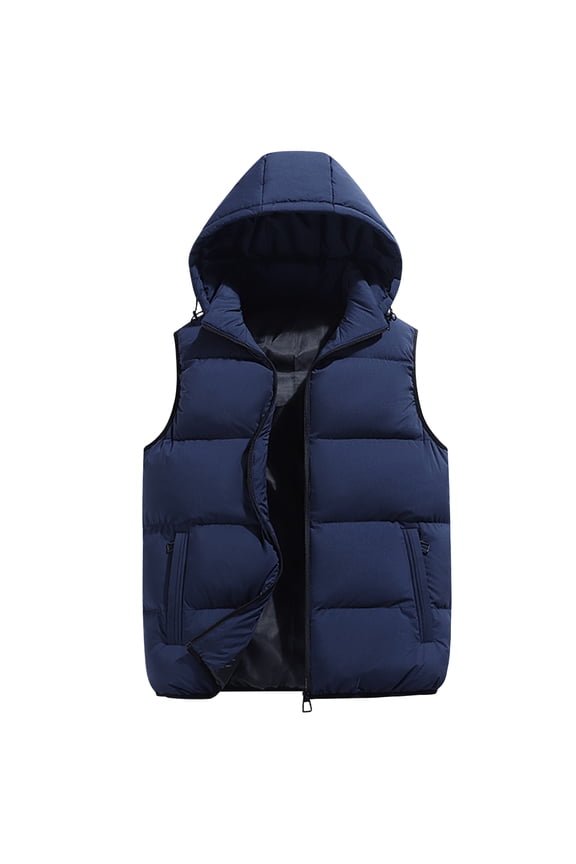 Puffer Vest Jacket for Men Quilted Down Sleeveless Down Vest with Hood Solid Vest Jacket Winter Padded Casual Full Zipper Coat for Running Golf Outdoor,Blue S