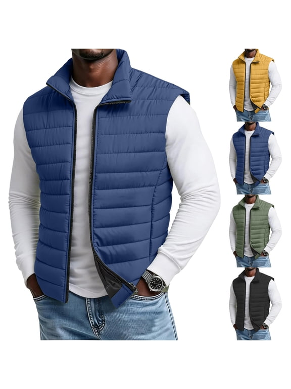 Puffer Vest Jacket for Men Sleeveless Zip Up Down Vest Quilted Down Water-Resistant Windproof Jacket Winter Warm Puffy Casual Streetwear for Running Golf Outdoor,Yellow 3XL