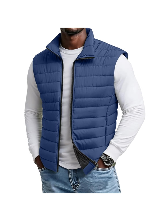 Puffer Vest for Men Quilted Down Vests Zipper Sleeveless Lightweight Down Jacket with Pockets Winter Warm Casual Coat for Work Travel Outdoor,Blue 2XL