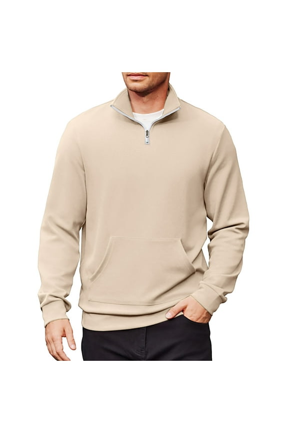 Quarter Zip Pullover Men Mock Neck Long Sleeve Sweatshirts Casual Lightweight Pullover Sweater 1/4 Zip Polo Sweater with Pocket,Khaki 3XL