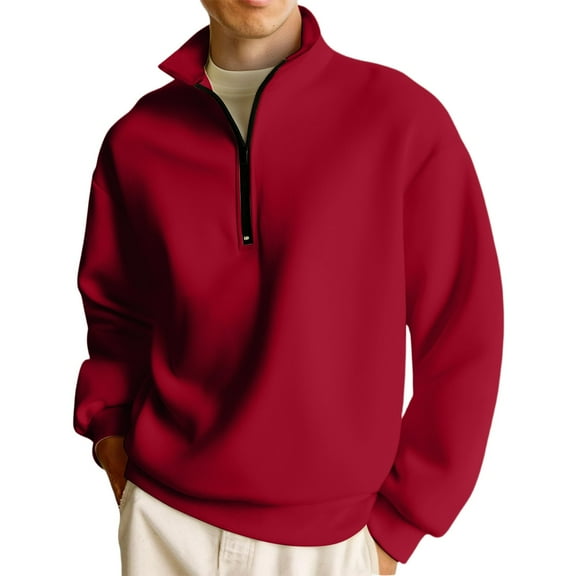 Homeyce Quarter Zip Pullover for Men Stand Collar Long Sleeve Sweatshirt Lightweight Slim Fit Pullover 1/4 Zip Solid Color Polo Sweater,Red XL