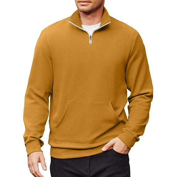 Homeyce Quarter Zip Sweatshirts for Men Mock Neck Long Sleeve Sweatshirt Lightweight Casual Active Pullover 1/4 Zip Solid Color Polo Sweater with Pockets,Earthy Yellow 3XL