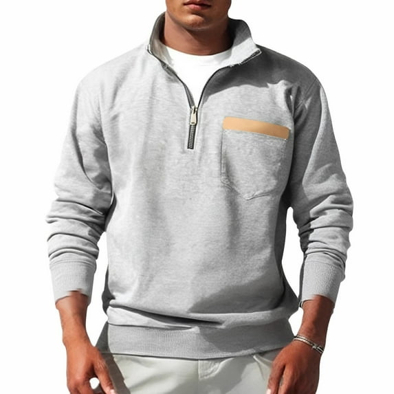 Homeyce Quarter Zip Sweatshirts for Men Mock Neck Long Sleeve Sweatshirt Lightweight Slim Fit Pullover 1/4 Zip Solid Color Fall Sweatshirt with Pocket,Light Gray 2XL